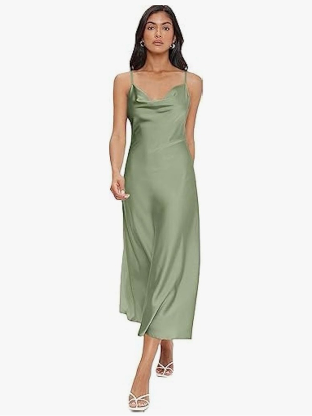 Women's Spaghetti Strap Cowl Neck Long Slip Satin Silk Midi Dress - Sage Green